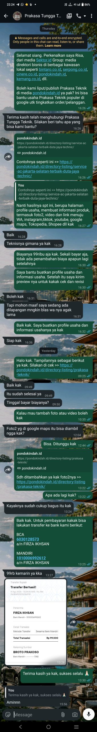Contoh chat closing Prakasa Tunggal Teknik